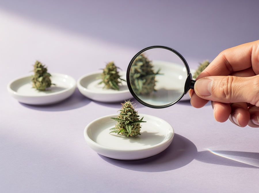 Lupe über einer CBD Blüte, dahinter weitere Proben im Vergleich