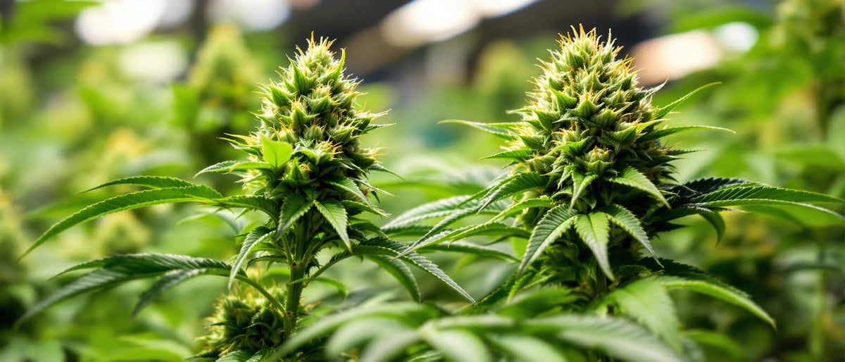 Cannabis Blütephase: Hanfpflanzen mit dichten Blüten und orangen Blütenfäden im Gewächshaus