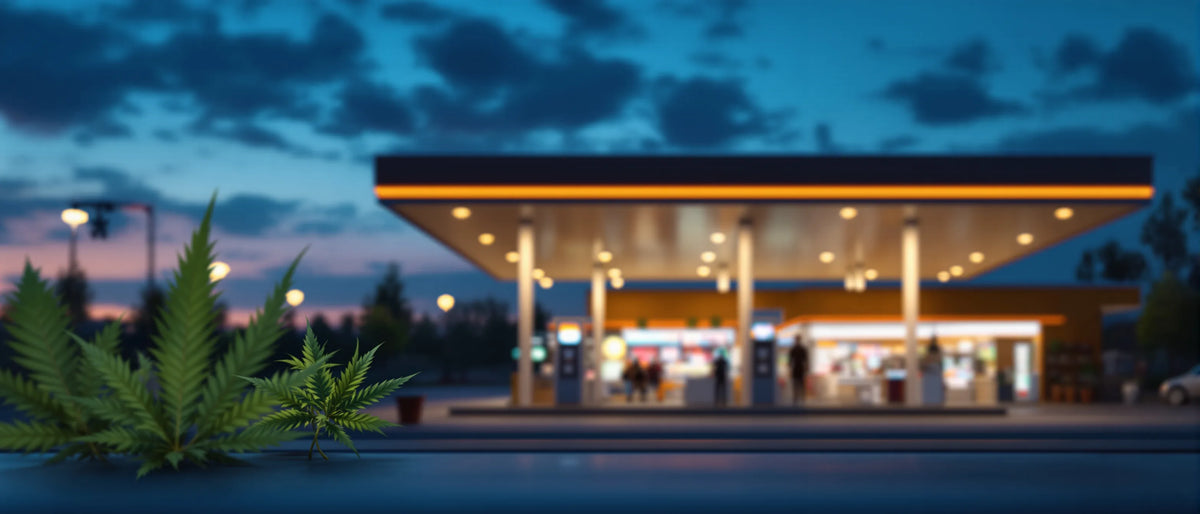 CBD an der Tankstelle: beleuchtete Tankstelle in der Dämmerung mit Hanfblatt im Vordergrund
