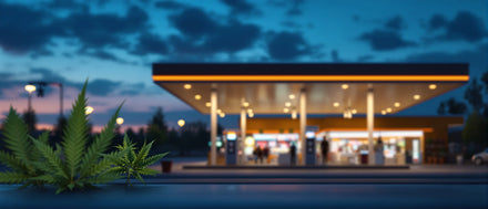 CBD an der Tankstelle: beleuchtete Tankstelle in der Dämmerung mit Hanfblatt im Vordergrund