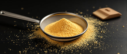 Feines goldenes Trichom-Pulver in einem Sieb neben einem Schaber