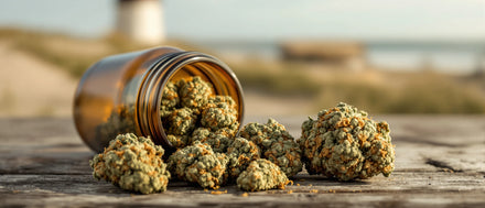 CBD Blüten im Glas an der Küste mit Leuchtturm – CBD Shop Schleswig-Holstein