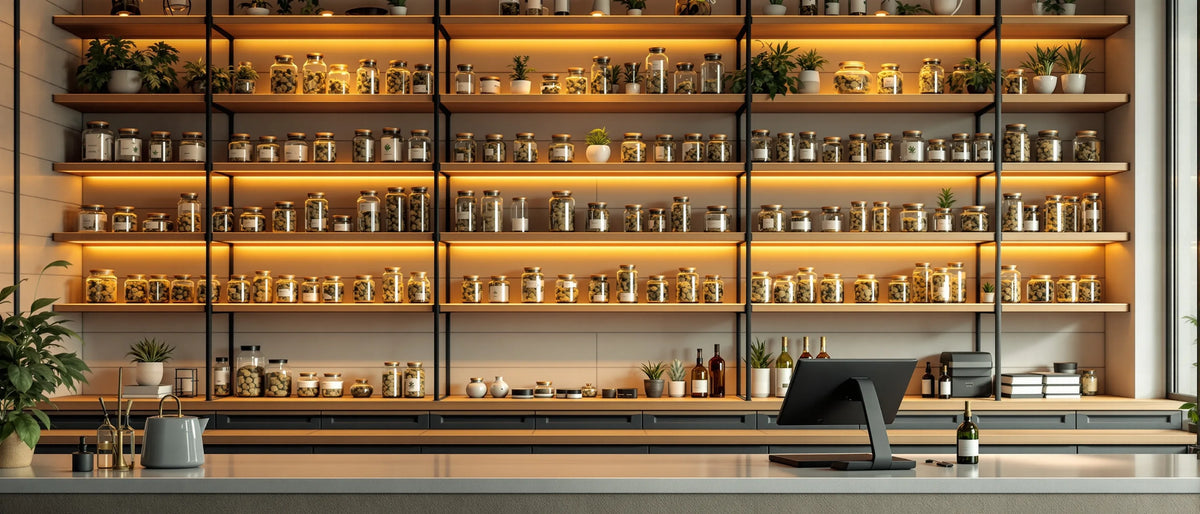 CBD verkaufen: Ladeninterieur mit Holzregalen, Gläsern mit CBD Blüten und Kassentresen