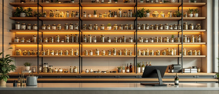 CBD verkaufen: Ladeninterieur mit Holzregalen, Gläsern mit CBD Blüten und Kassentresen