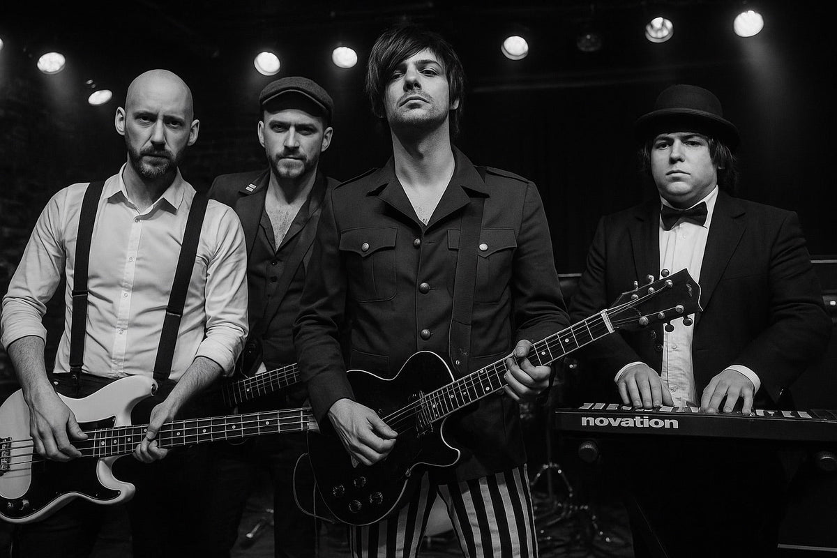 Die Drogen: vier Musiker der Band mit Gitarren und Keyboard auf der Bühne