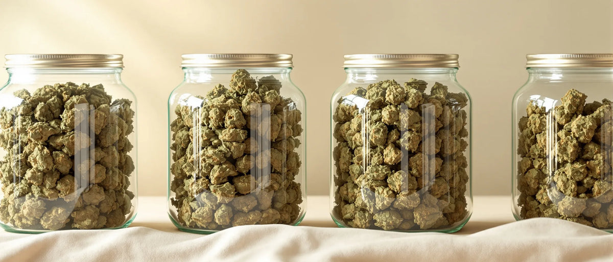Vier große Vorratsgläser mit CBD Blüten nebeneinander