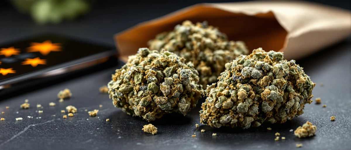 Zwei ganze getrocknete CBD Blüten neben einem geöffneten Kraftpapier-Probenbeutel und einem Smartphone mit fünf Sternen